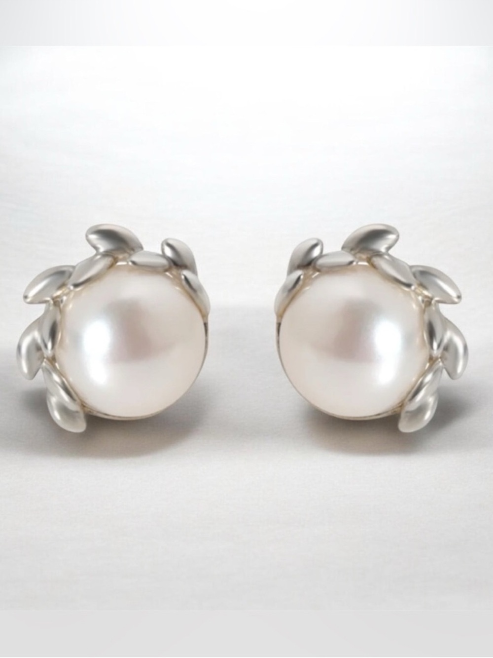 Tiffany Olive Leaf Silver Pearl Stud Earrings
